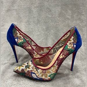 Christian Louboutin Multicolor Follies Lace and Suede Floral Rete Pumps